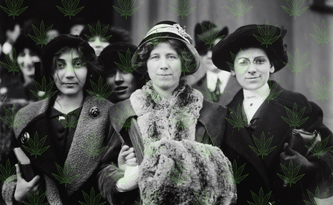 Vintage black & white photo of three white women wearing winter jackets & hats standing side by side with repeated green marijuana leaf print design overlay