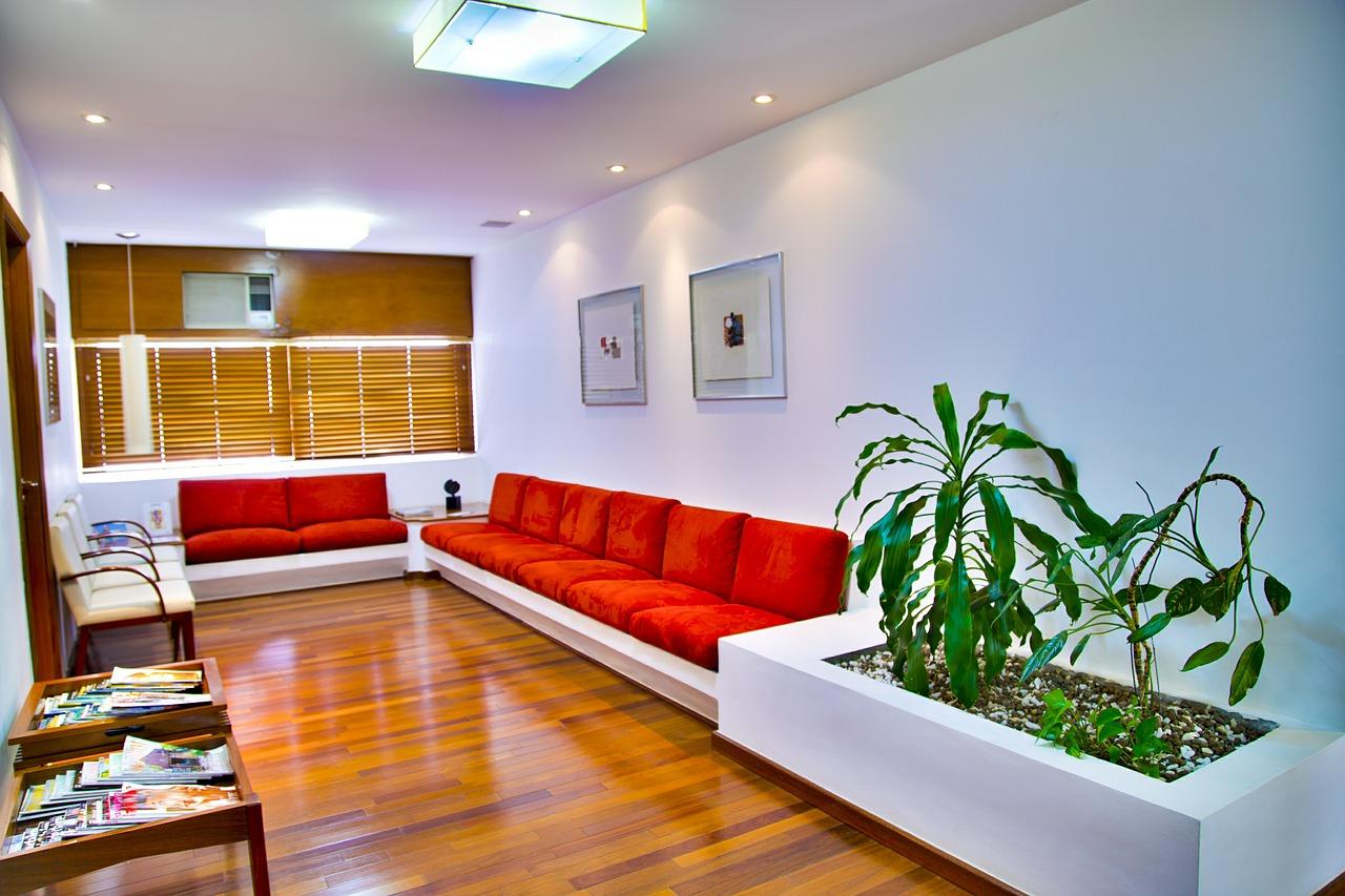 The inside of a doctor's office waiting room is shown.